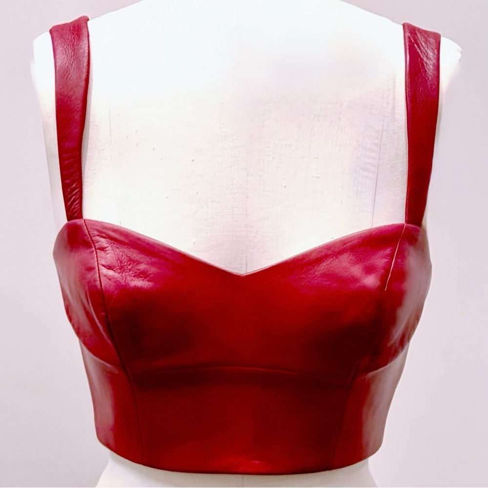Luxury Leather cropped corset cami top with silk lining red size large